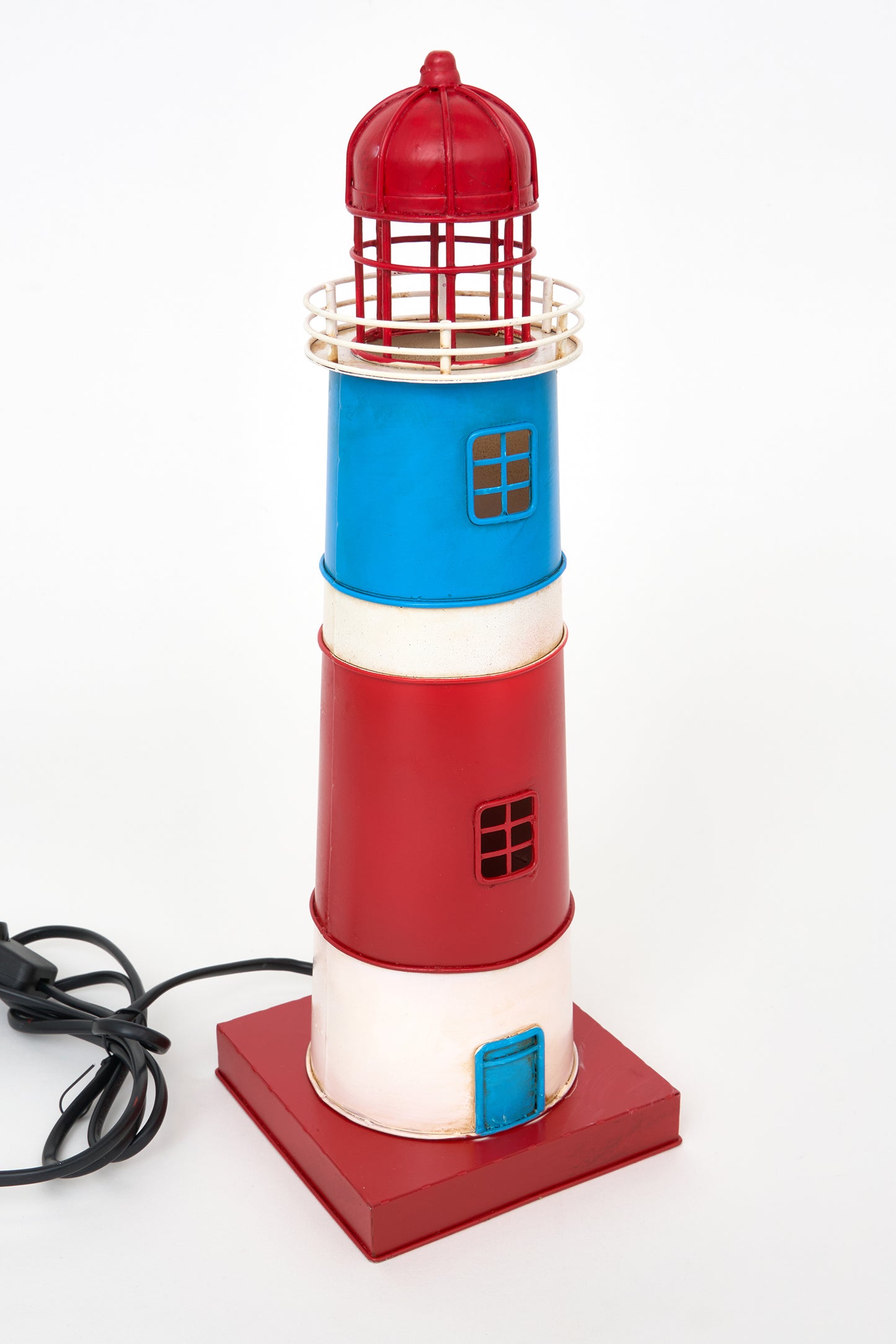 Red and blue metal lighthouse lamp