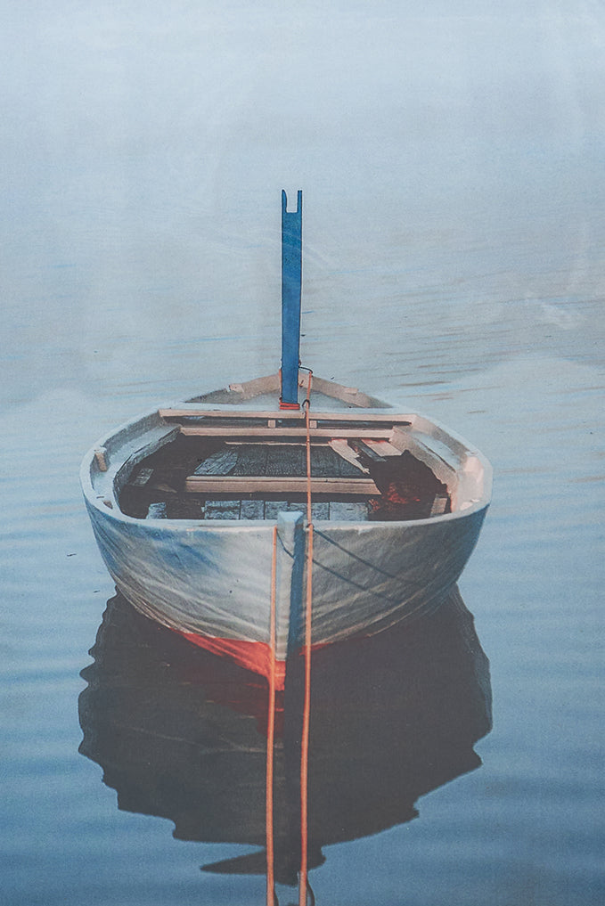 Foto de barca con niebla impresa en taco de madera - Batela