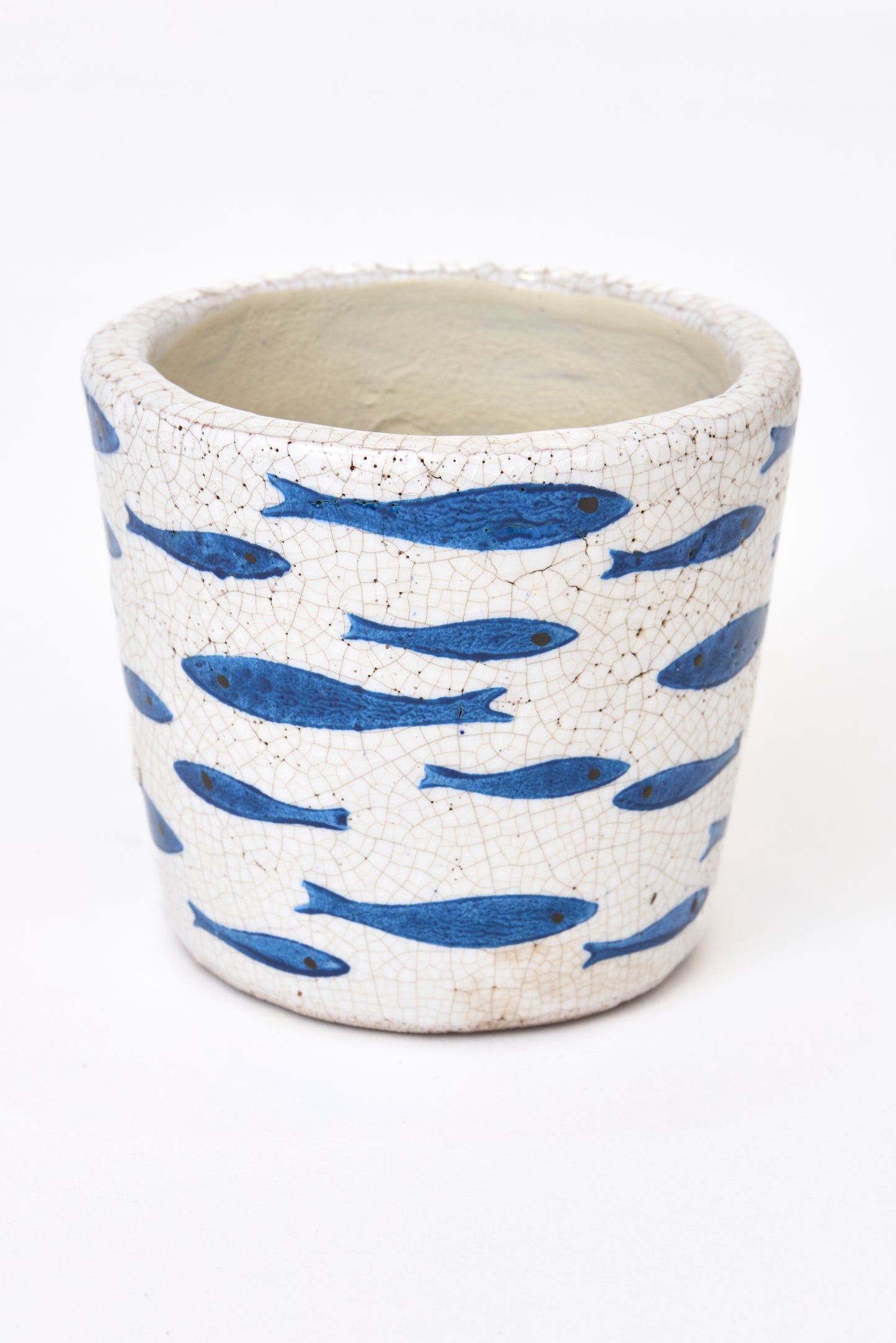 Maceta de terracota con peces azules