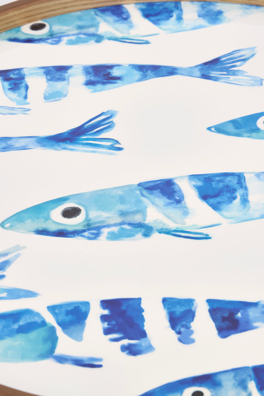 Set de 3 mesas redondas de madera esmaltada con banco de peces