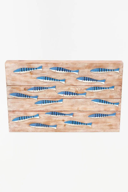 Wooden box with a school of white and blue fish - D2269