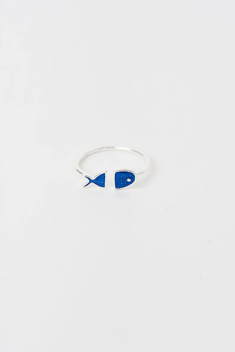 Bague ajustable en argent, poisson bleu
