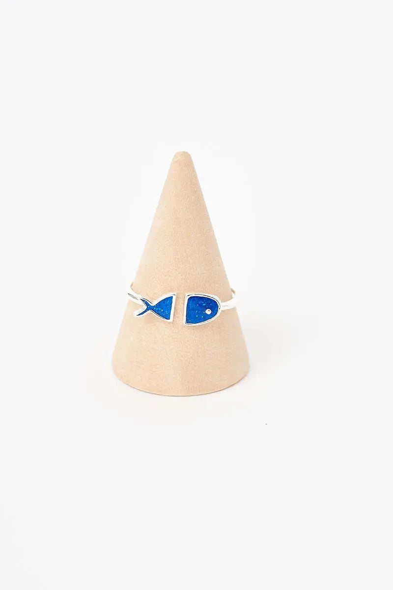 Bague ajustable en argent, poisson bleu