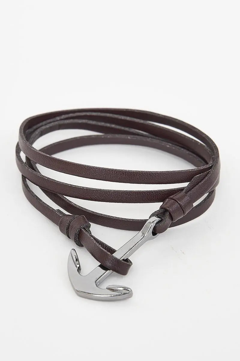 Pulsera de piel marrón oscuro con ancla