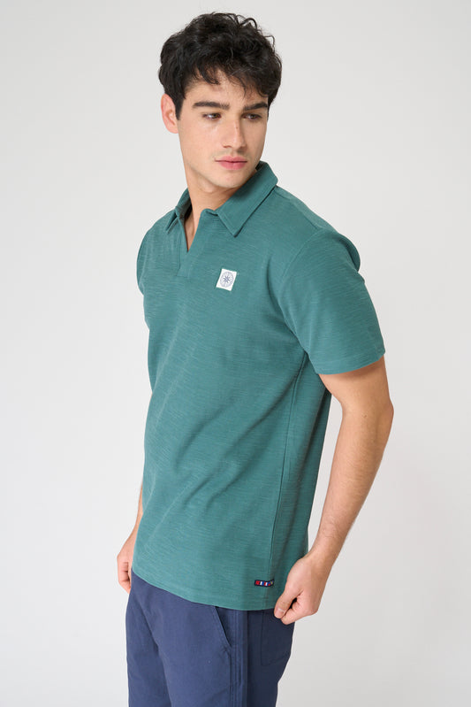 Textured jacquard cotton polo with open collar