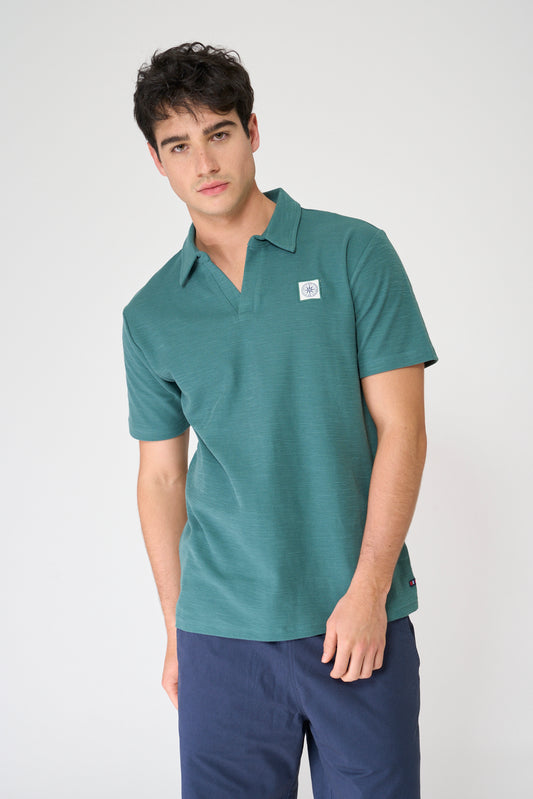 Textured jacquard cotton polo with open collar