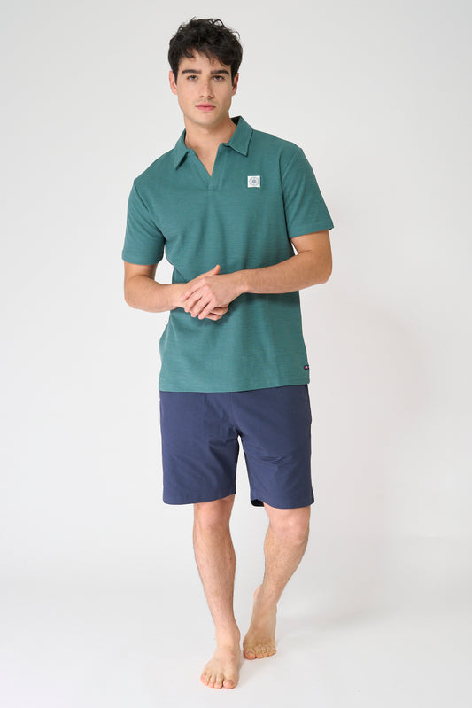 Textured jacquard cotton polo with open collar