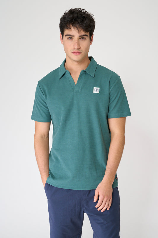 Textured jacquard cotton polo with open collar