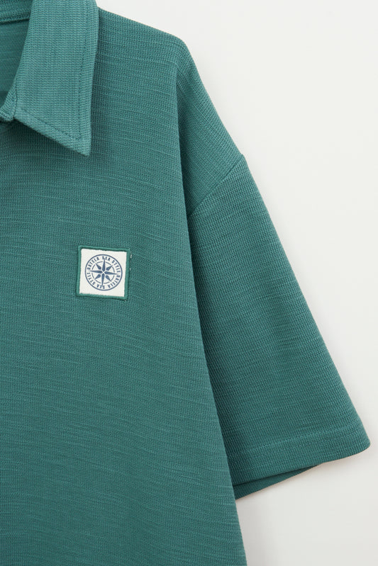 Textured jacquard cotton polo with open collar