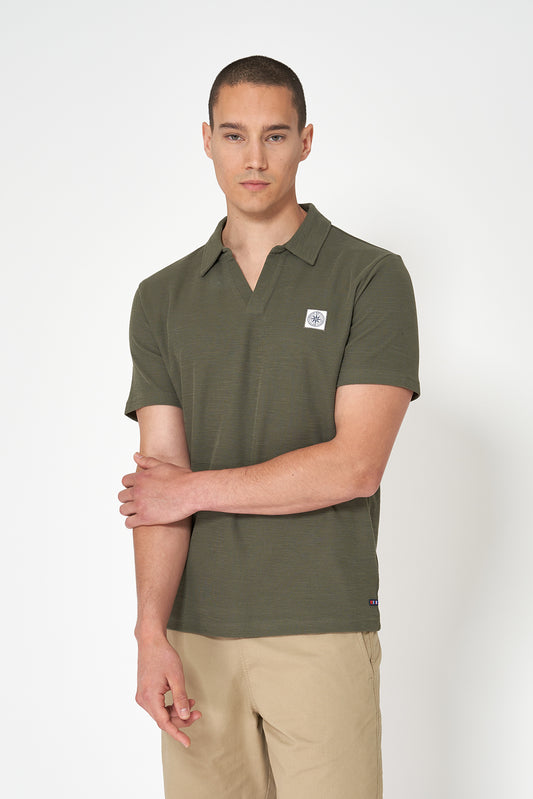 Textured jacquard cotton polo with open collar