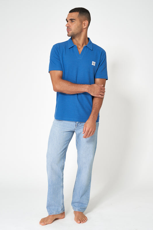 Textured jacquard cotton polo with open collar