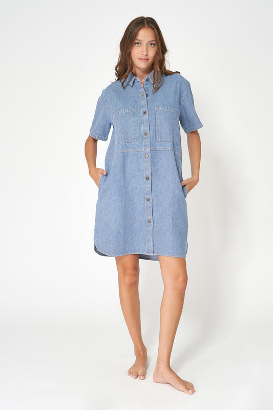 Vestido camisero denim con rayas
