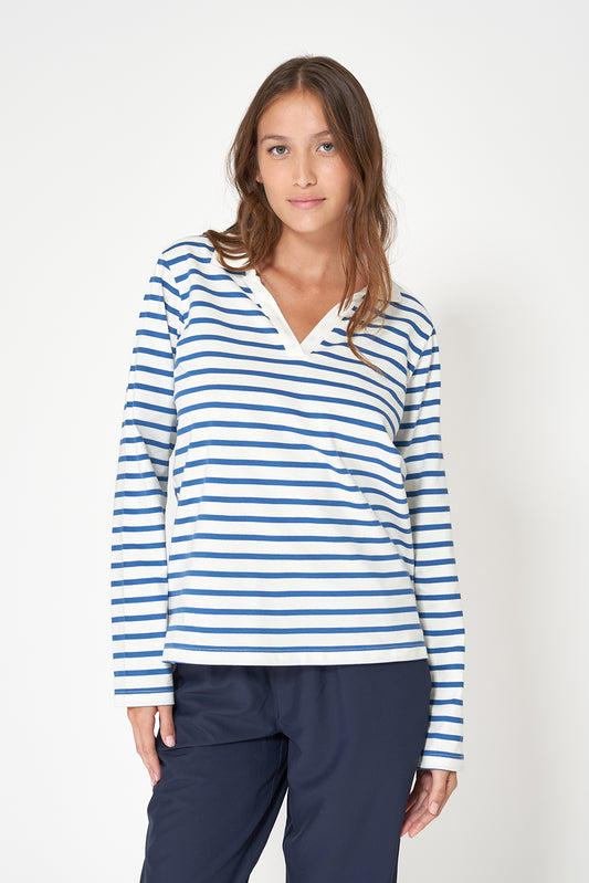 Camiseta algodón premium a rayas y cuello camisero