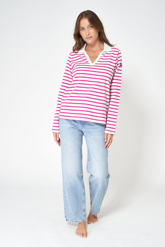 Camiseta algodón premium a rayas y cuello camisero