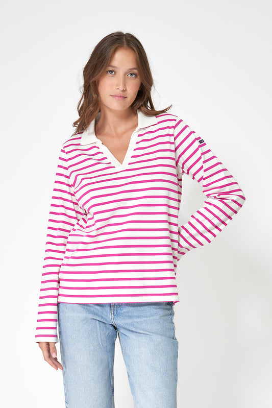 Camiseta algodón premium a rayas y cuello camisero