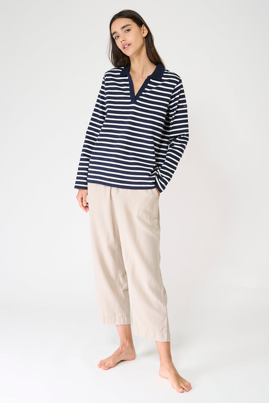 Camiseta algodón premium a rayas y cuello camisero