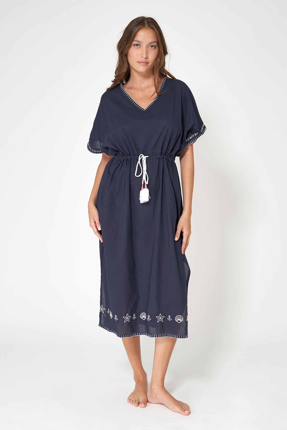 Navy blue cotton voile caftan dress