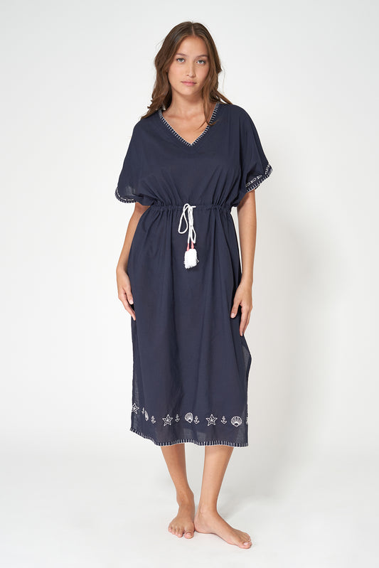 Vestido caftán azul marino de algodón voile