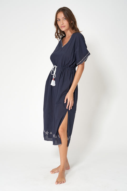 Vestido caftán azul marino de algodón voile