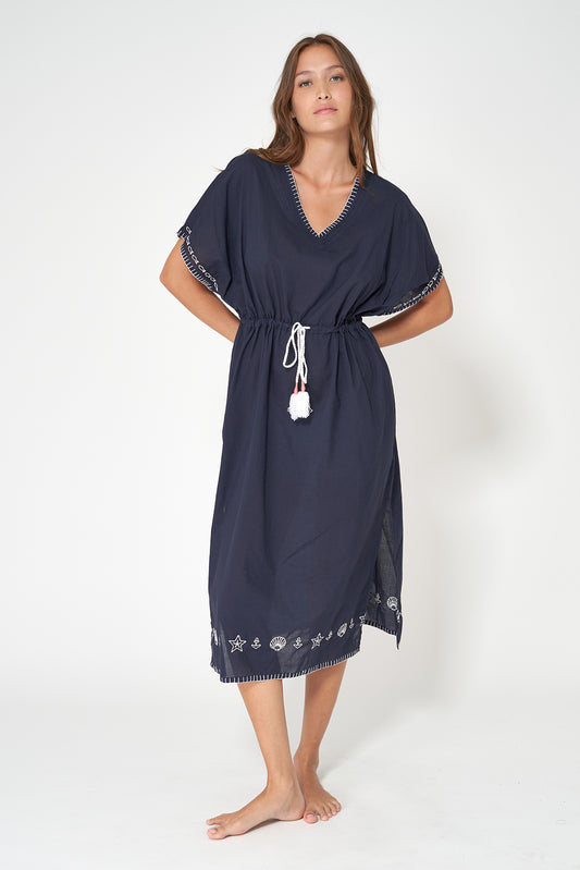 Vestido caftán azul marino de algodón voile