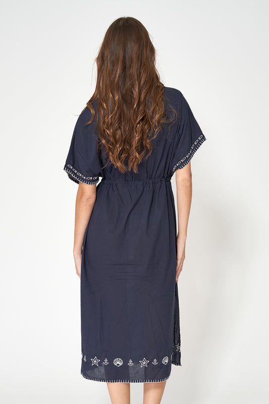 Vestido caftán azul marino de algodón voile