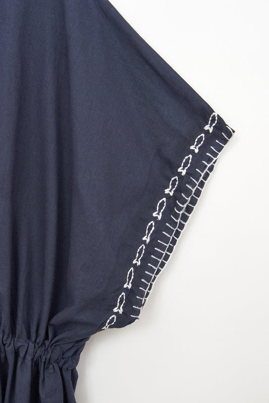 Vestido caftán azul marino de algodón voile