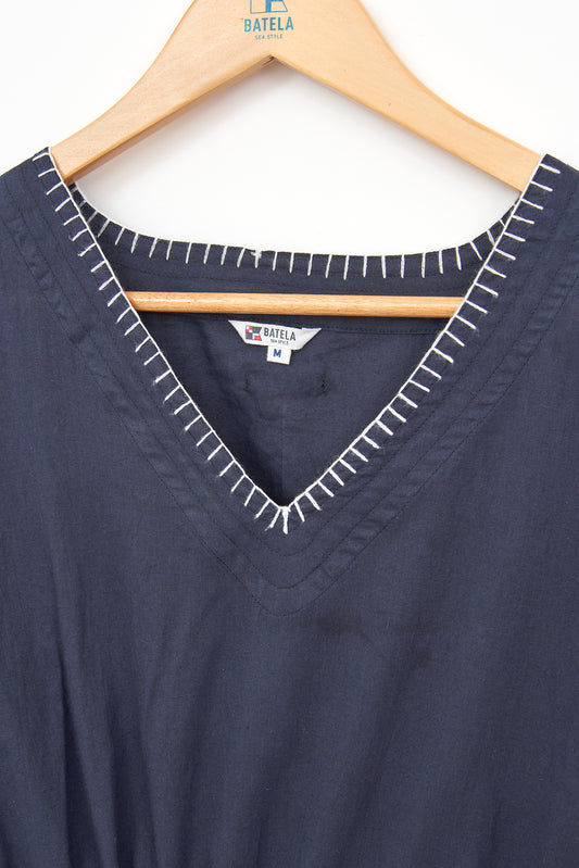 Vestido caftán azul marino de algodón voile