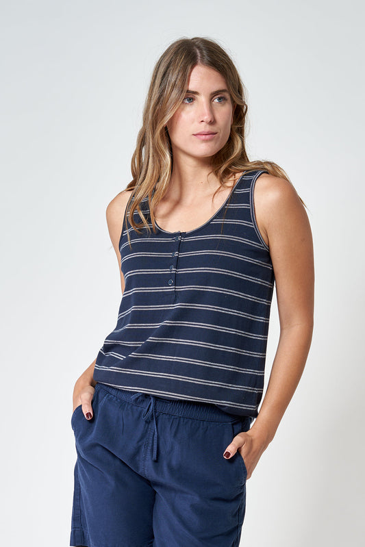 Sleeveless T-shirt with 3D stripe buttoning on the chest