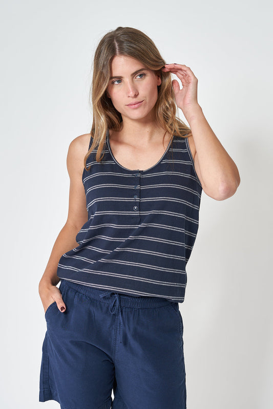 Sleeveless T-shirt with 3D stripe buttoning on the chest