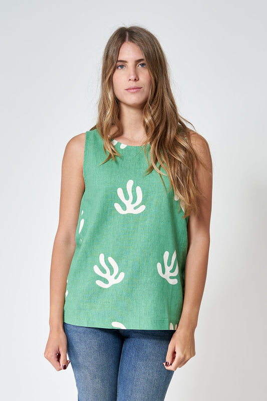 Top de lino sin mangas estampado algas