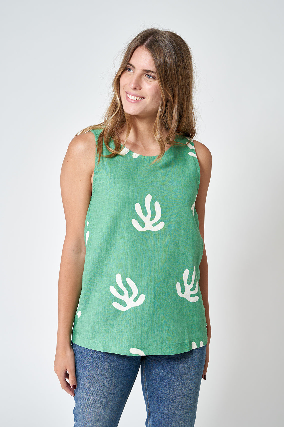 Sleeveless printed linen top or blouse