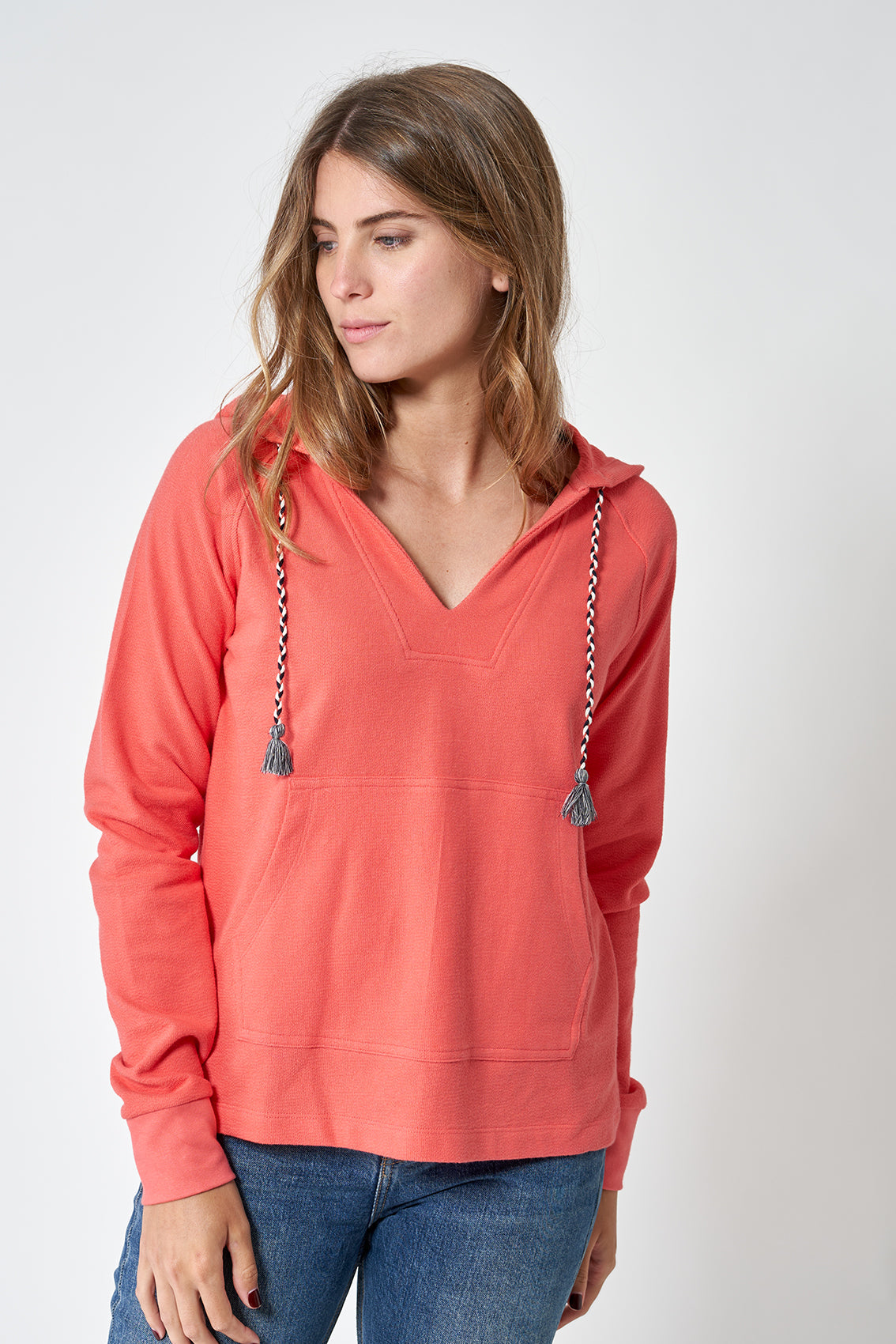 V-neck hooded sweatshirt with drawstring