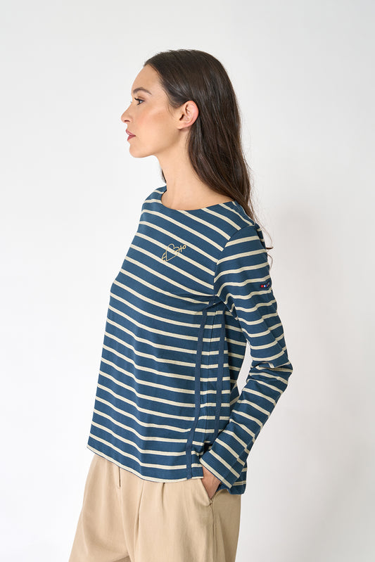 Long-sleeved striped T-shirt with embroidered heart