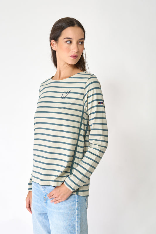 Long-sleeved striped T-shirt with embroidered heart
