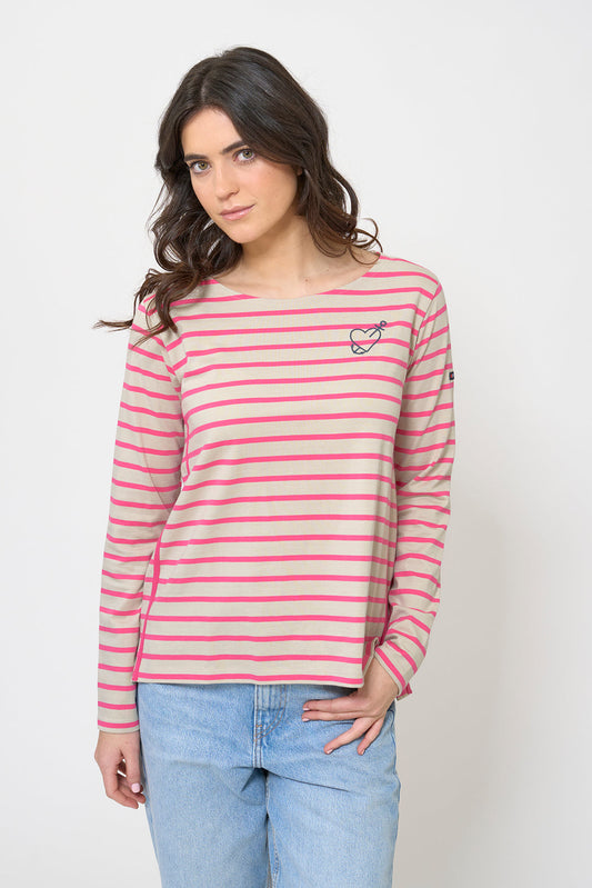Long-sleeved striped T-shirt with embroidered heart