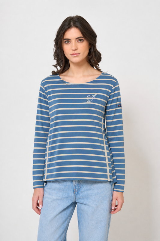 Long-sleeved striped T-shirt with embroidered heart