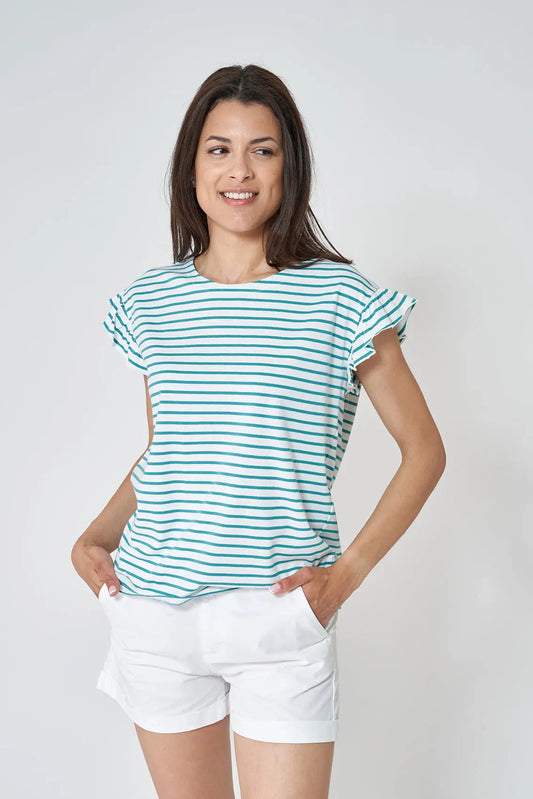Tee shirt rayé ou marinière à manches courtes volantées