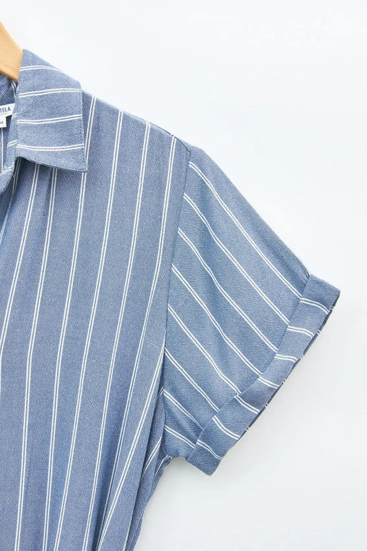 Striped viscose dress with buttons and drawstring