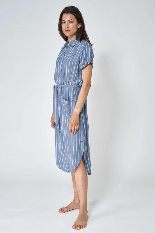 Striped viscose dress with buttons and drawstring