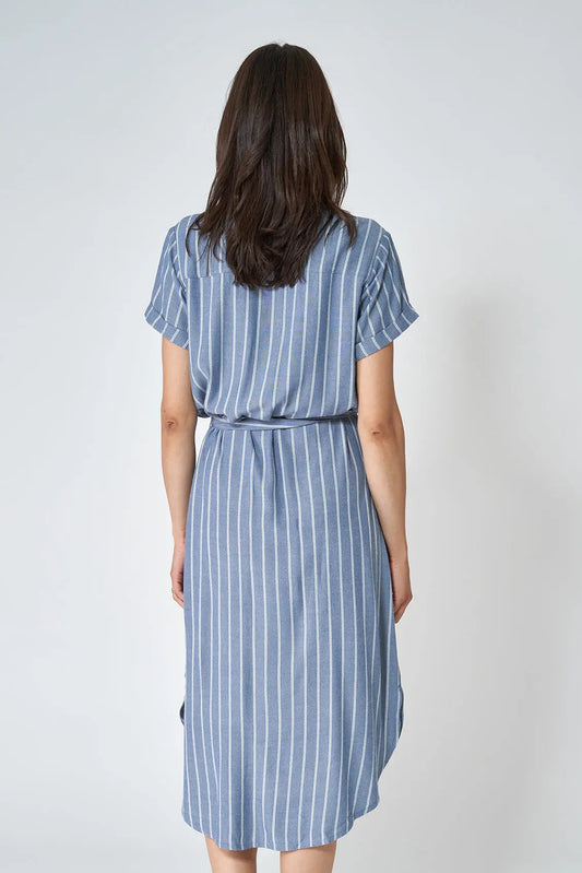 Striped viscose dress with buttons and drawstring