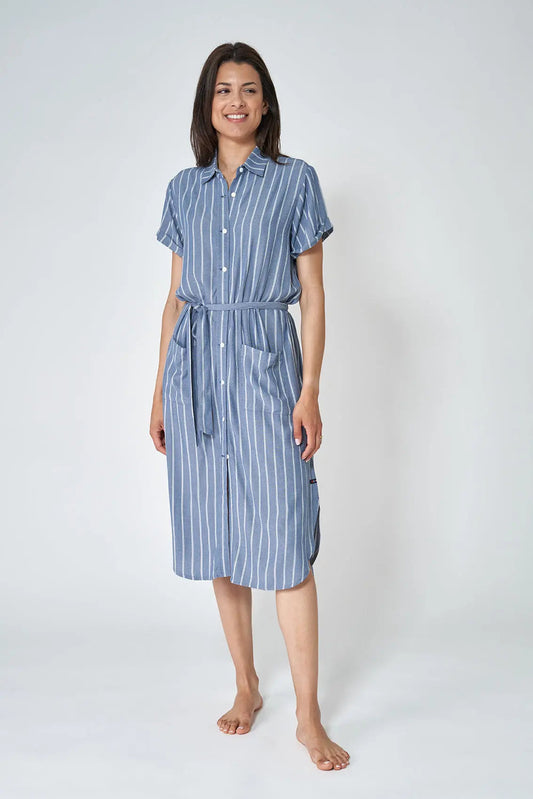 Striped viscose dress with buttons and drawstring