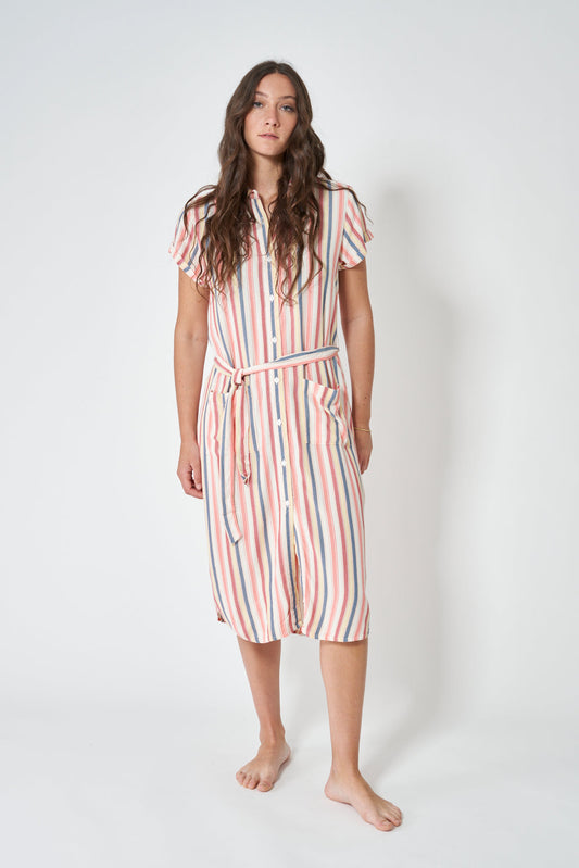 Striped viscose dress with buttons and drawstring