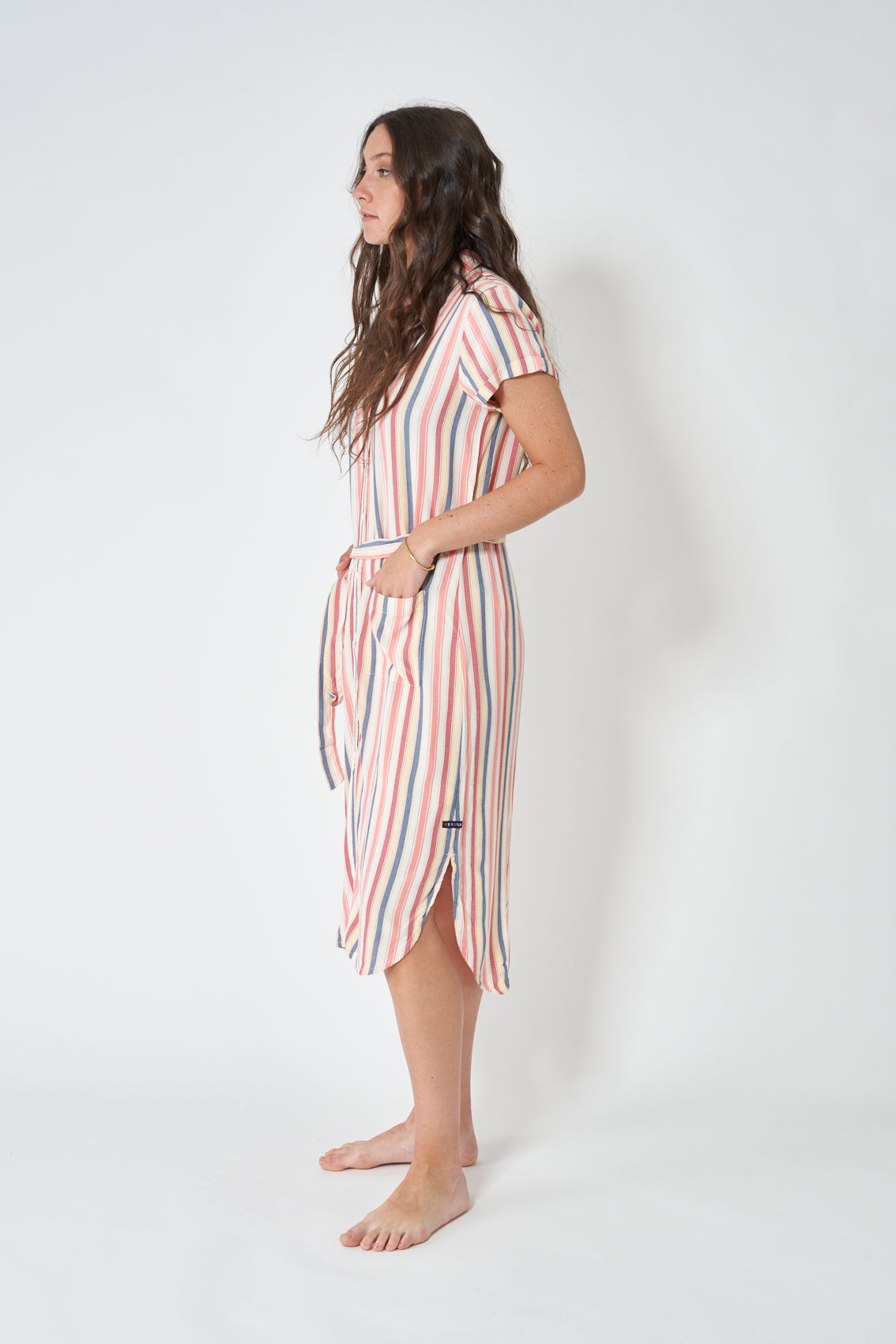 Striped viscose dress with buttons and drawstring