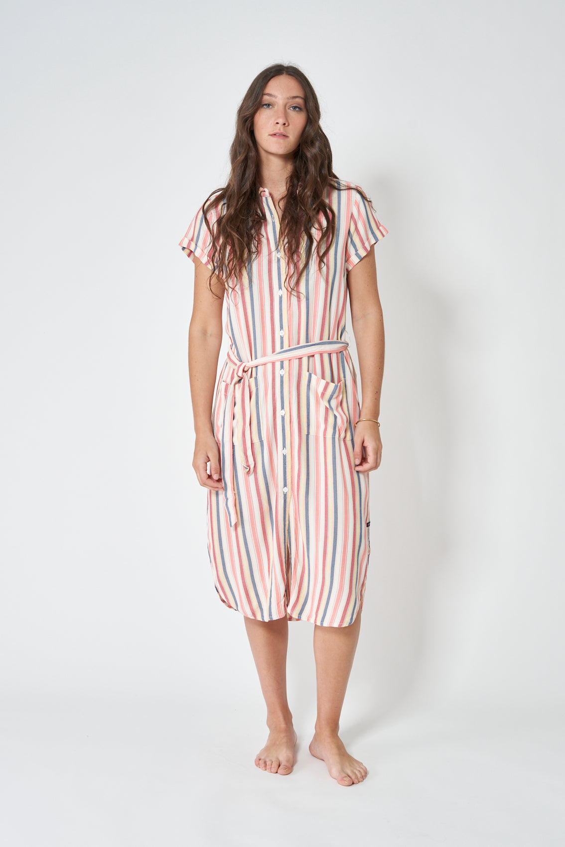 Striped viscose dress with buttons and drawstring