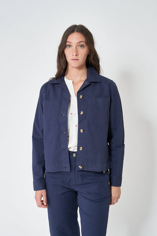 Veste pour femme en coton sergé, avec des boutons et des poches frontales
