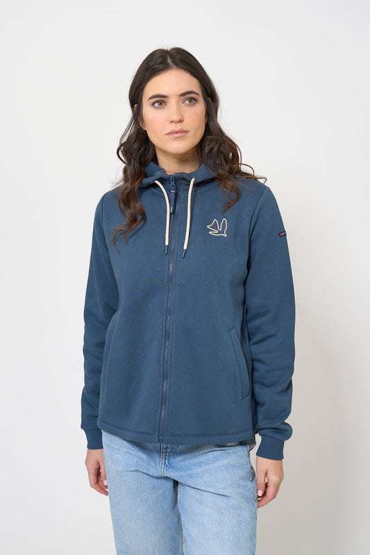 Zip-up sweatshirt with embroidered bird and rear pleat