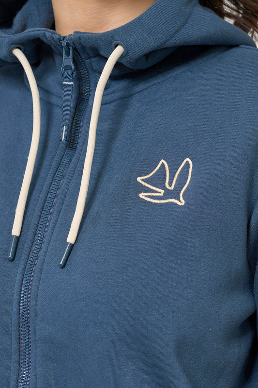 Zip-up sweatshirt with embroidered bird and rear pleat