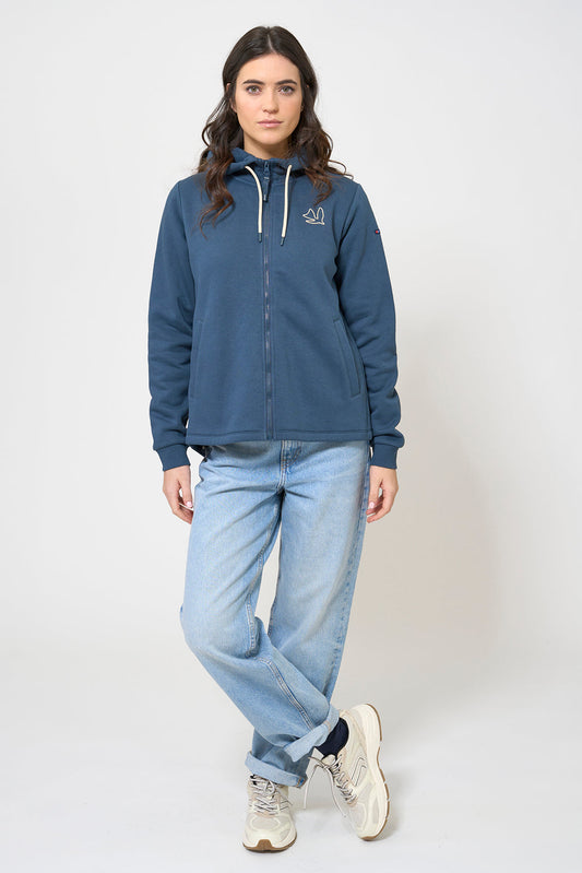 Zip-up sweatshirt with embroidered bird and rear pleat