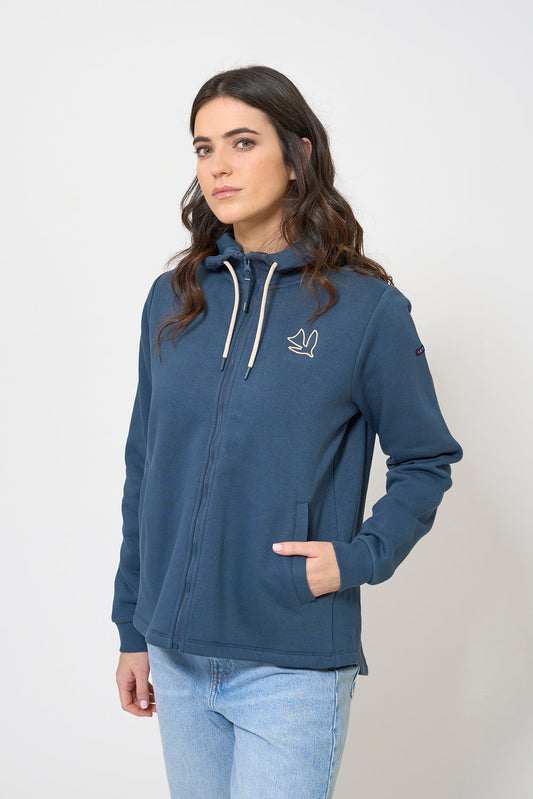 Zip-up sweatshirt with embroidered bird and rear pleat