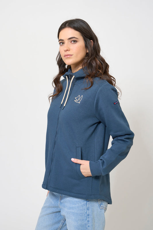 Zip-up sweatshirt with embroidered bird and rear pleat